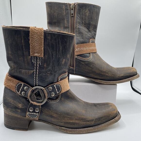 BED STU Roma Harness Ankle Boots Women's 10 Brown Distressed Leather Moto Biker - Picture 3 of 15